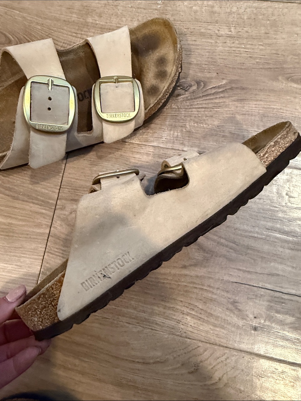Women’s Birkenstock Beige Big-Buckle Slide Sandals - Picture 4 of 7